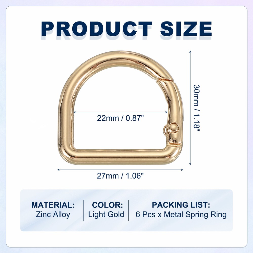 6 Pcs 27mm D Shaped Spring Snap Keychain Clip for Purses Light Gold