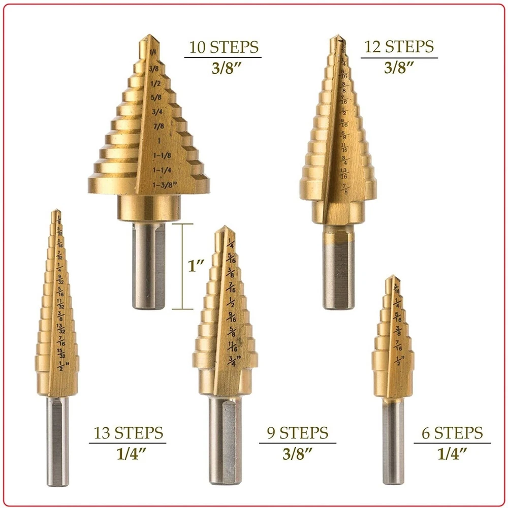 HSS 6PCS Titanium Step Drill Bit Set W Automatic Center Punch High Speed Steel