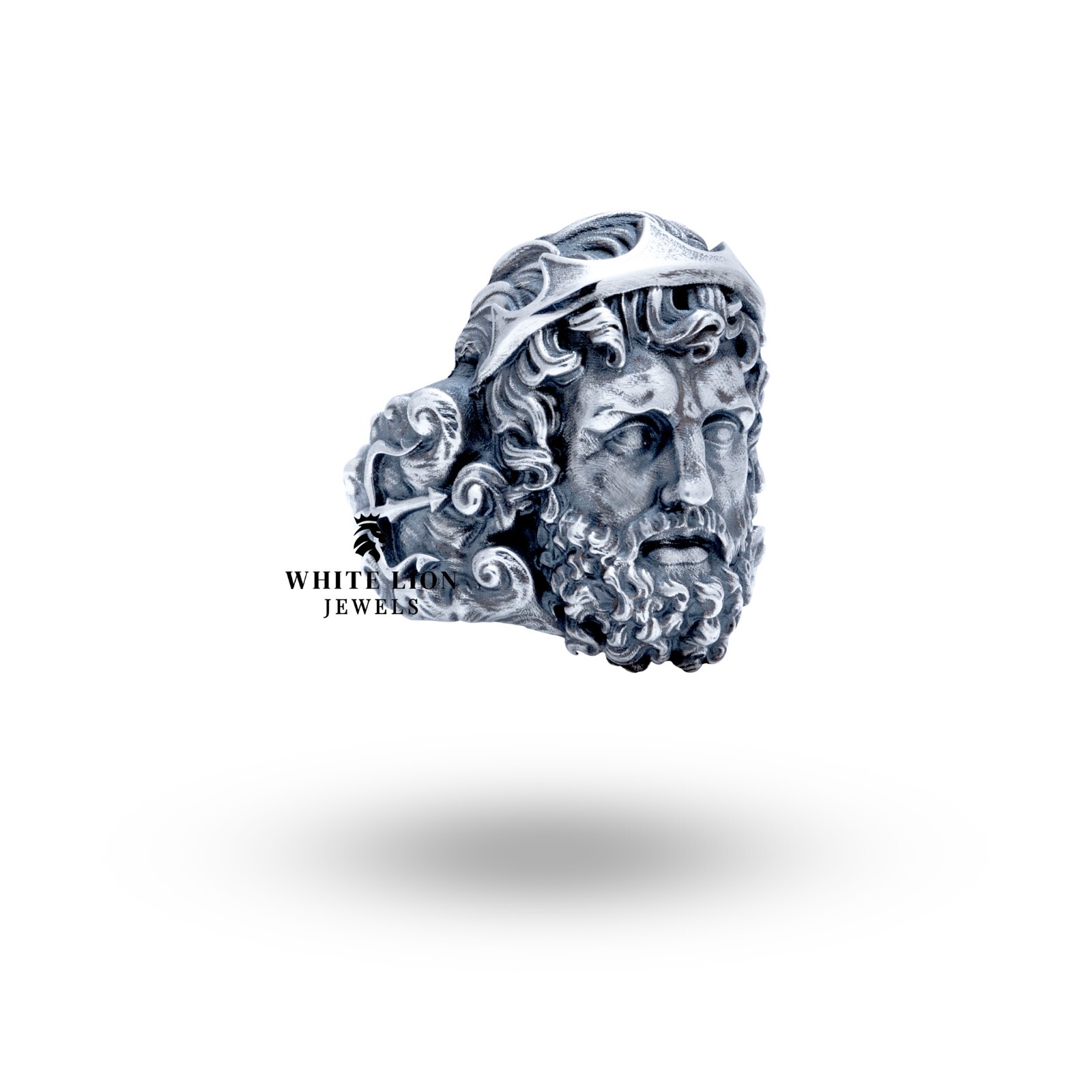 Greek God of Sea Mythology Poseidon Trident Bearded 925 Silver Men Ring