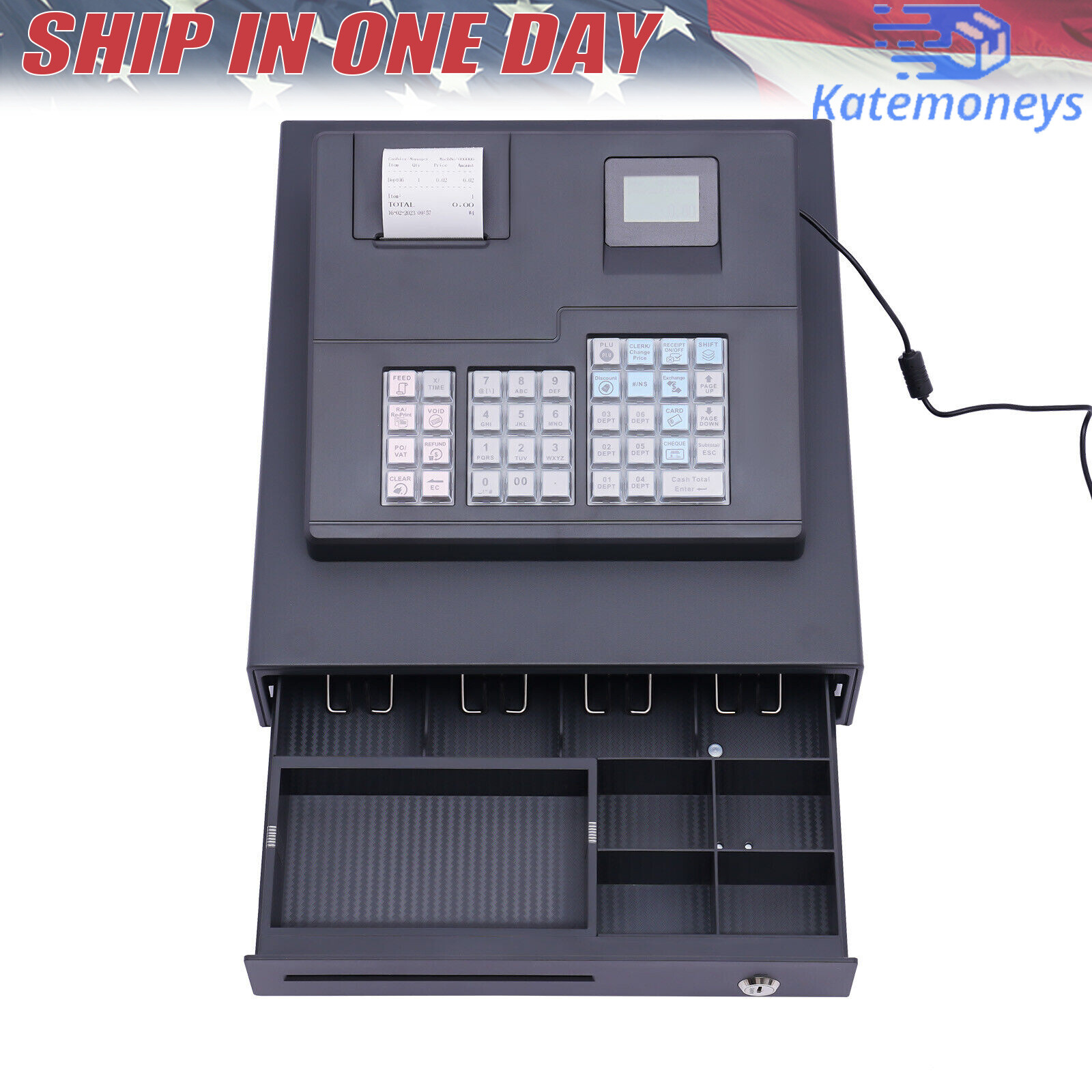 38 Keys Electronic Cash Register Black Thermal Cash Register with Cash Drawer