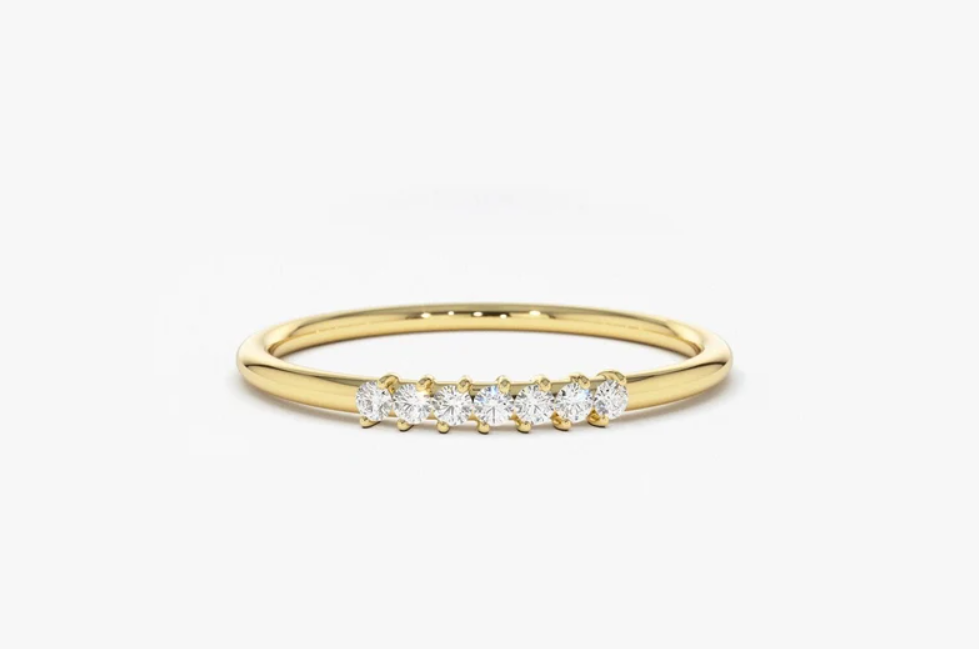 14K Solid Gold 7 Diamond Stacking Ring, Lab Created Diamond Dainty Wedding Band