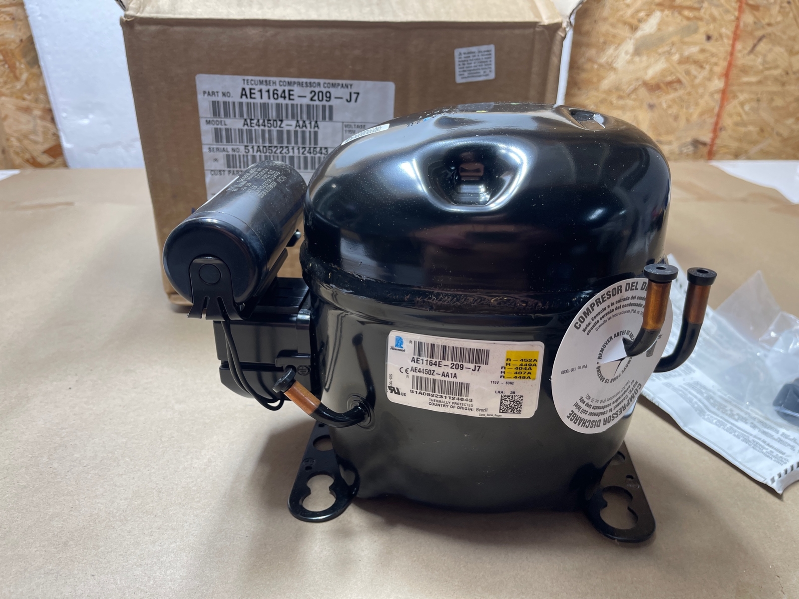 Tecumseh 1/2 Ton 5800BTU Compressor AE1164E-209-J7 AE4450Z-AA1A R404A 115V