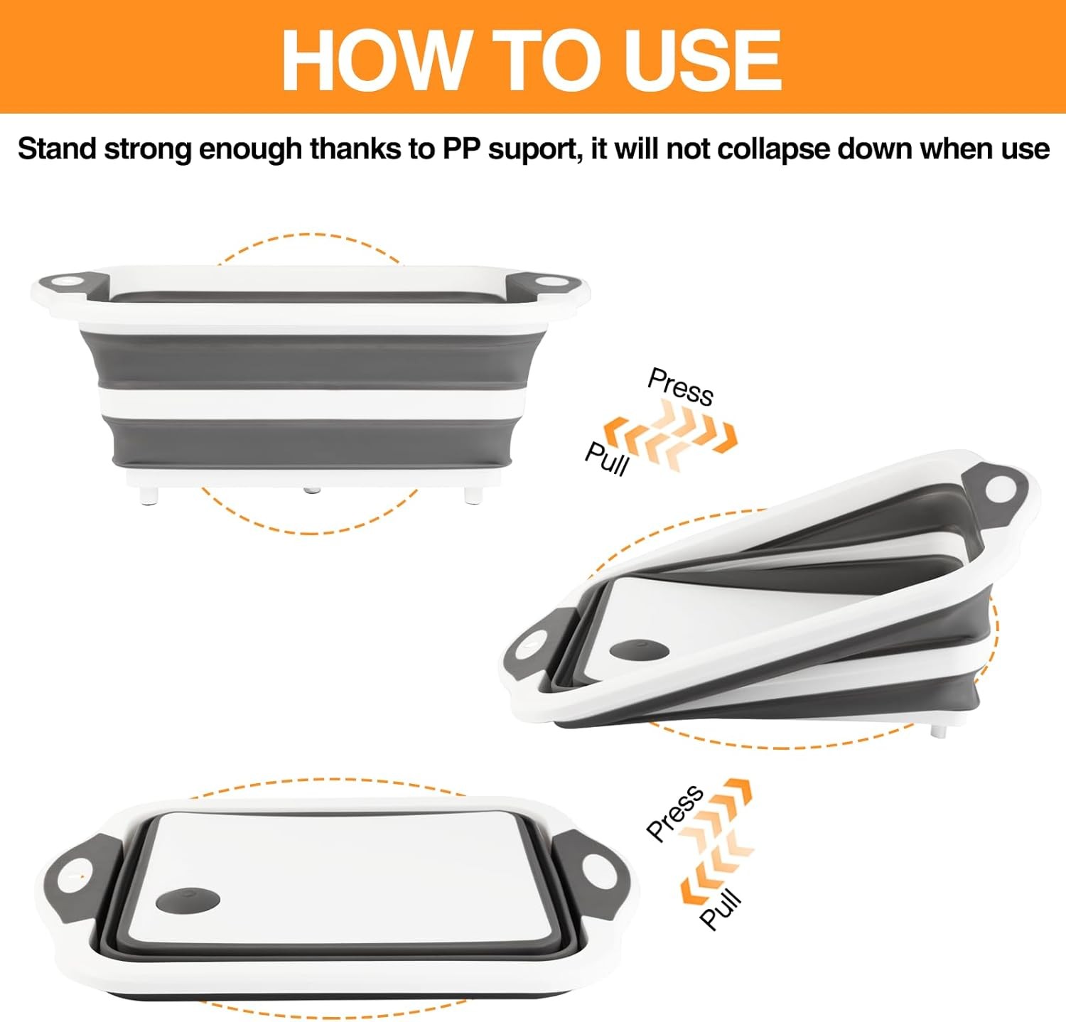 Foldable Grill Prep Bowl/Cutting Board, 10 L, with Strainer (Gray)