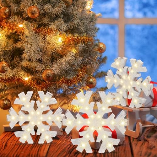 3 Pcs Christmas Winter Snowflake Table Signs LED White Standing Rustic Style