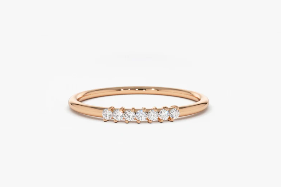 14K Solid Gold 7 Diamond Stacking Ring, Lab Created Diamond Dainty Wedding Band