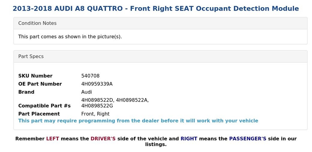 2013-2018 AUDI A8 QUATTRO - Front Right SEAT Occupant Detection Module