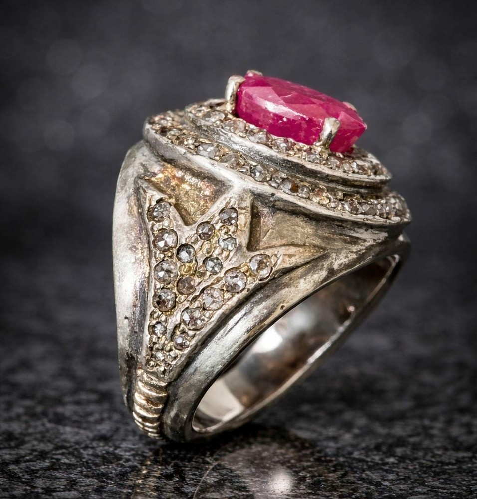 Rare Silver Ring with Natural Ruby Stone and Natural Diamonds – Size 20