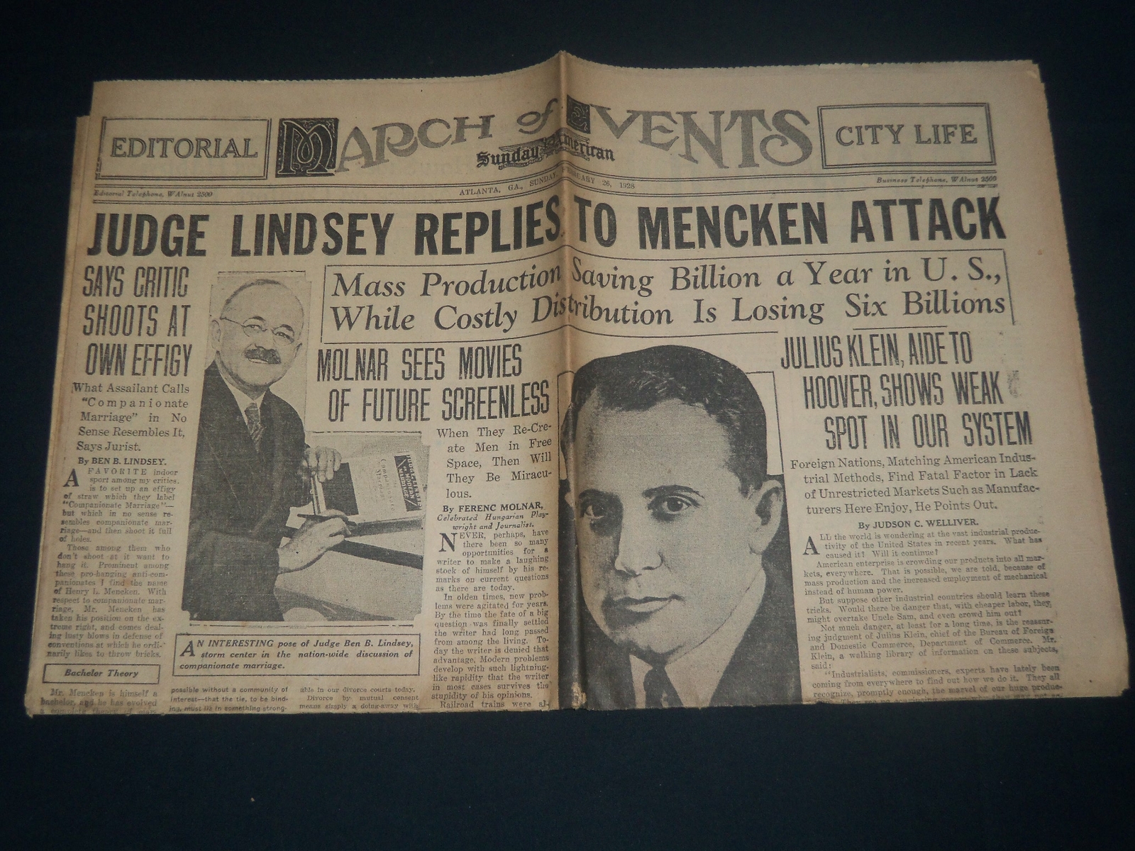 1928 FEBRUARY 26 HEARST SUNDAY AMERICAN - LINDSEY REPLIES TO MENCKEN - NP 3907