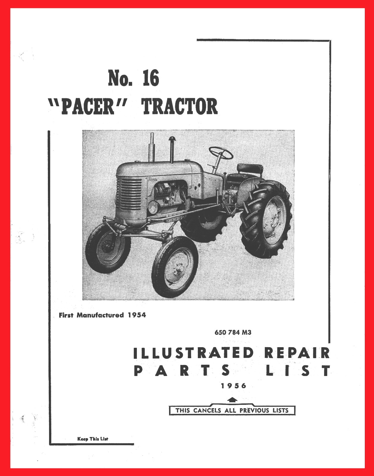 Massey Harris Pacer No 16 Tractor Parts Catalog Manual MH Continental Y91
