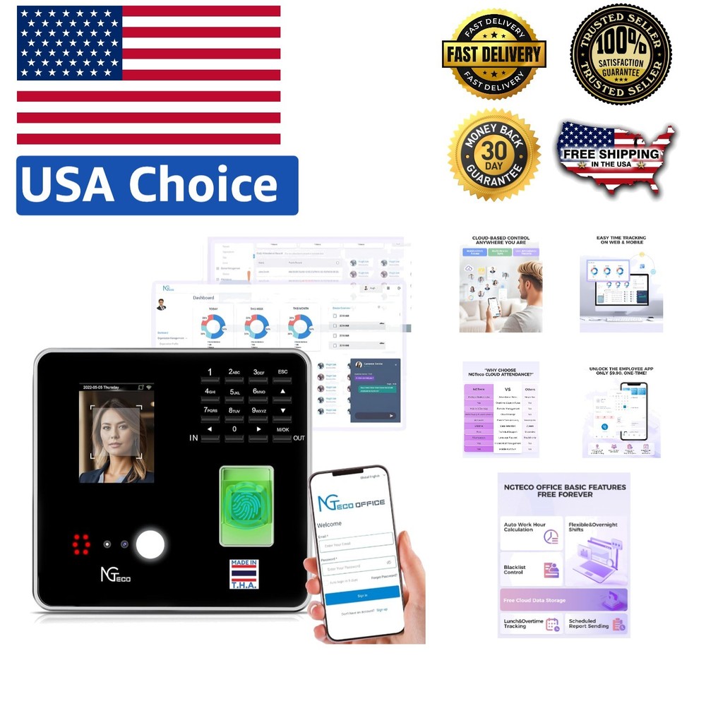 All-in-One TC1 Time Clock: Cloud Solution with RFID, Face & Fingerprint Access