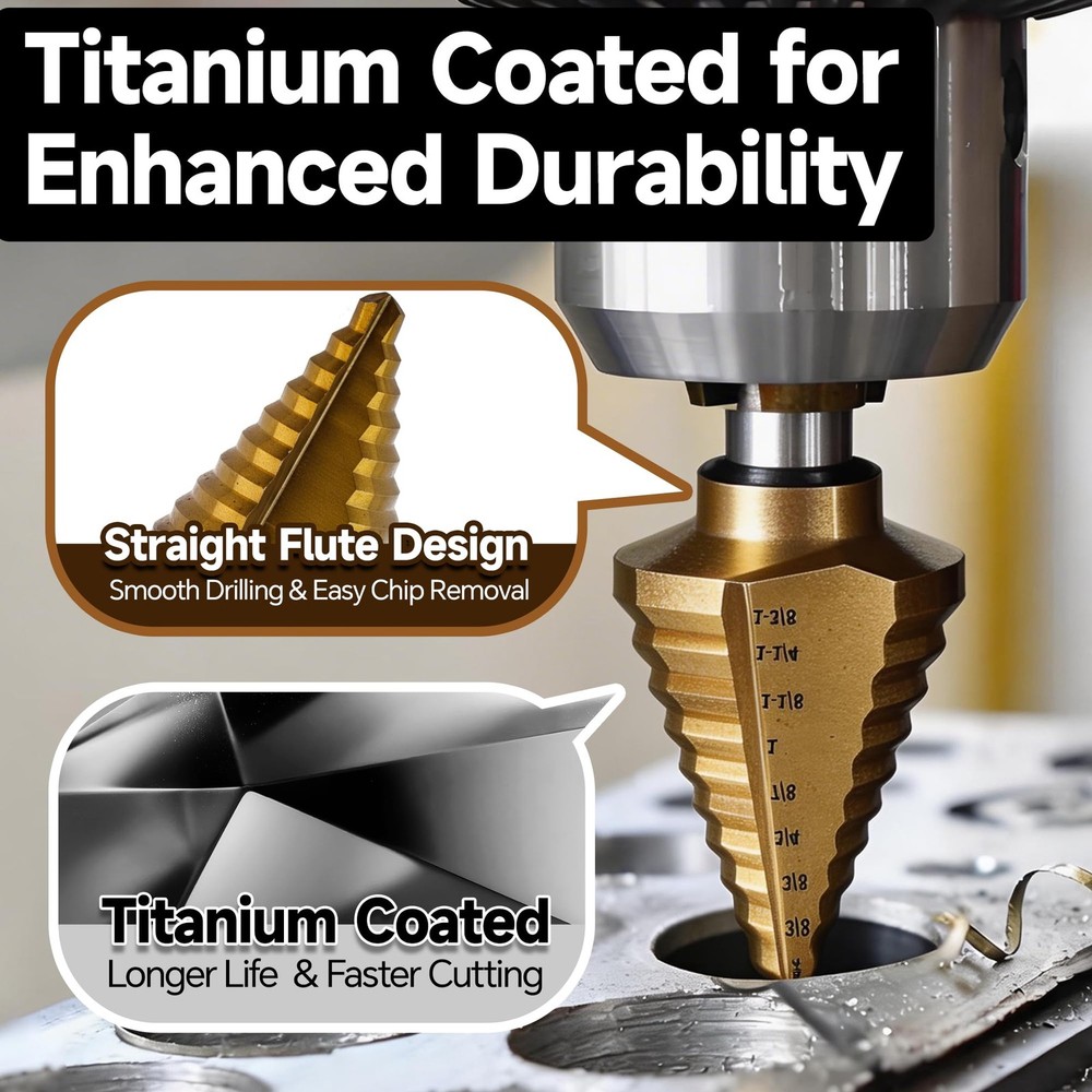 Rayjee 6-Piece Step Drill Bit Set, Titanium Coated, Straight Flute 6