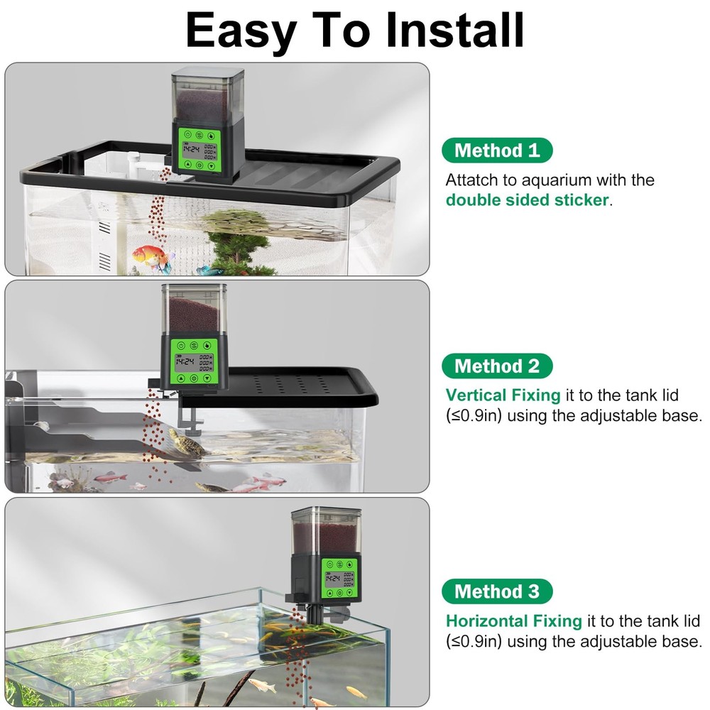 Lychee Automatic Fish Feeder - USB Rechargeable 320ML Large 320ml, Black