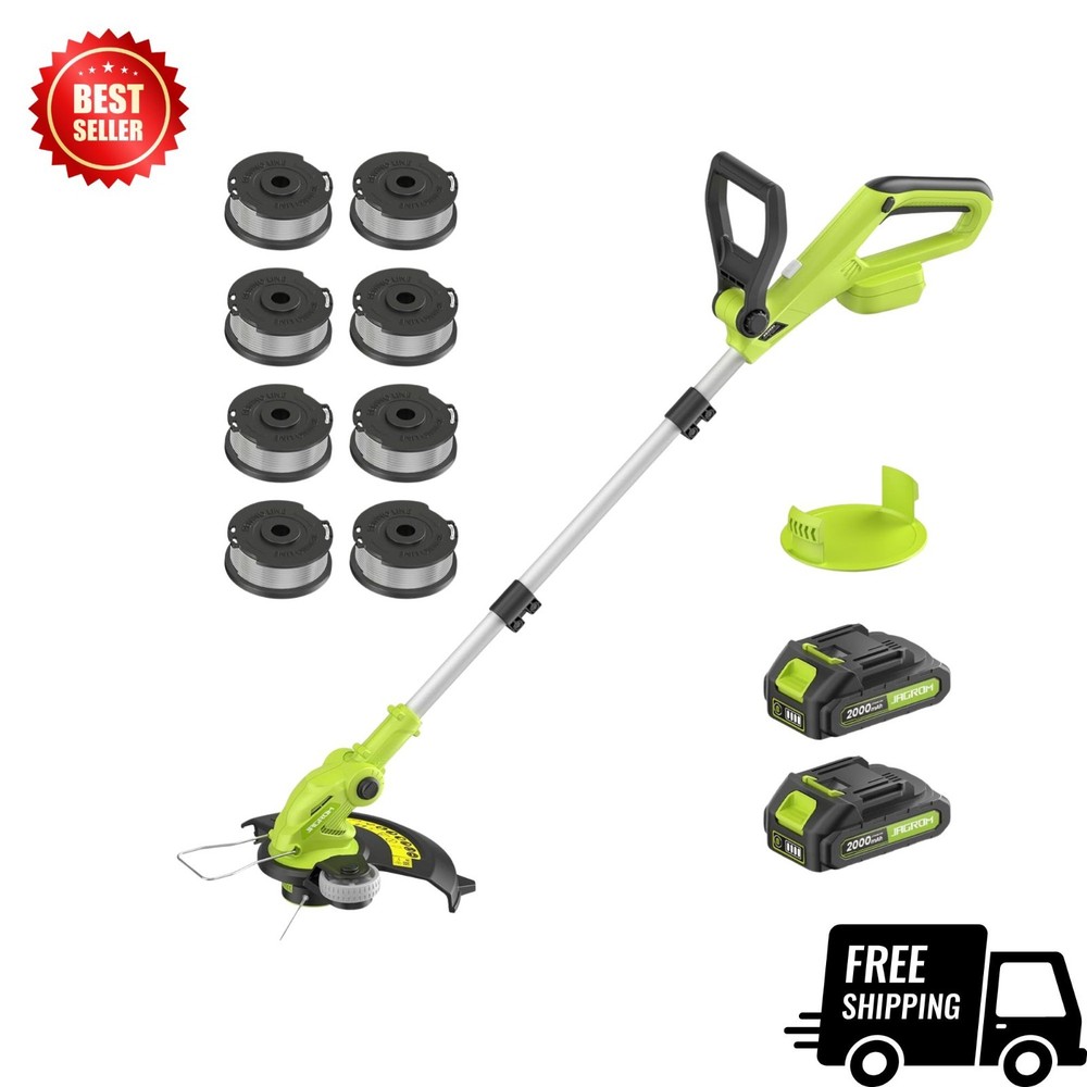 Cordless 20V Electric String Trimmer & Edger, 12" with 2 Batteries & 8 Spools