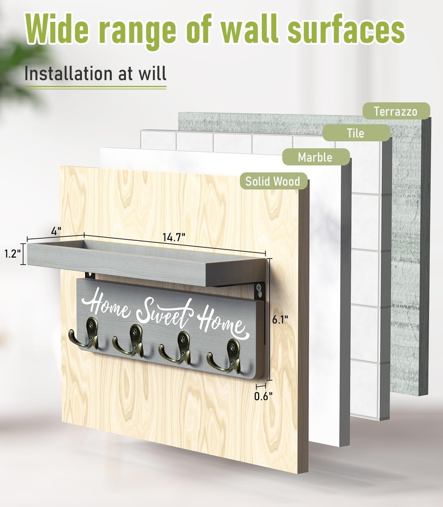 Key Holder Wall Mount with 4 Double Hooks-Solid Wood Wall-Mounted Organizer USA