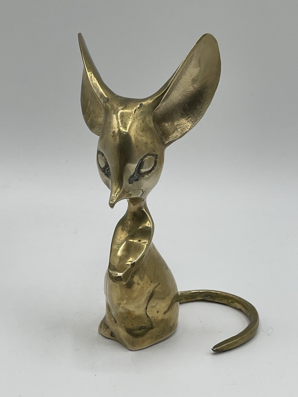 VTG Pair Of Big Eared Long Tail Whimsical Mouse 5”/ 7” Solid Brass MCM Decor