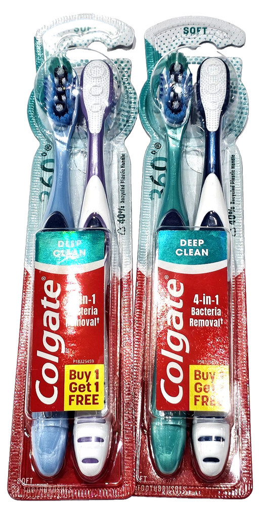 2 Pack Colgate 2 Soft Toothbrushes Deep Clean 4-in-1 Bacteria Removal