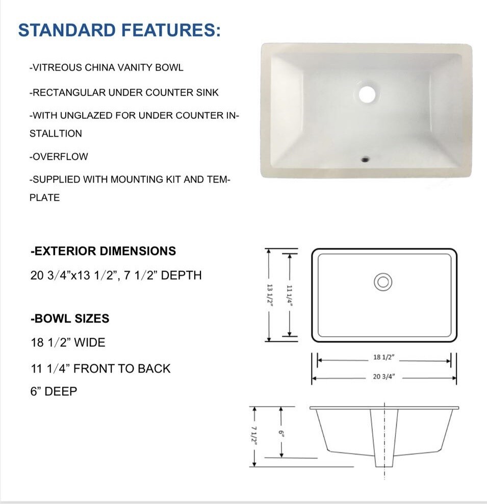(Pack Of 2) Pool Rectangular Undermount Bathroom Vanity Sink 18" X 11" X 6"