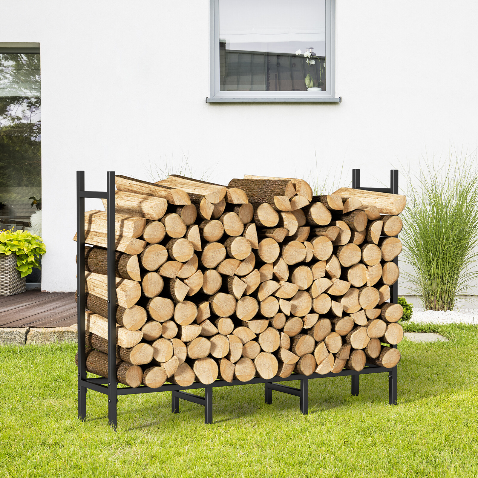 4ft Firewood Rack Outdoor Heavy Duty Metal Rack Adjustable Wood Storage Holder
