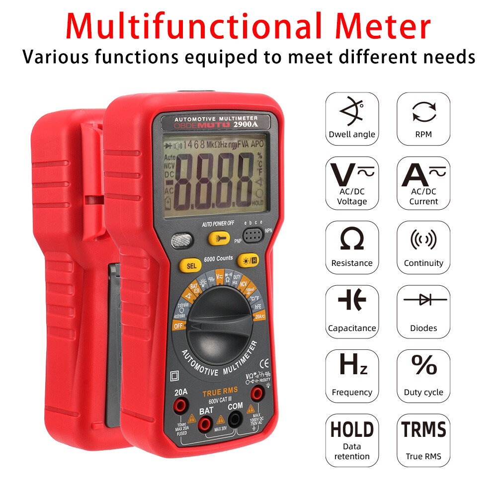 2900A Digital Multimeter 6000 Counts Dwell Angle RPM Meter AC DC Voltage Current