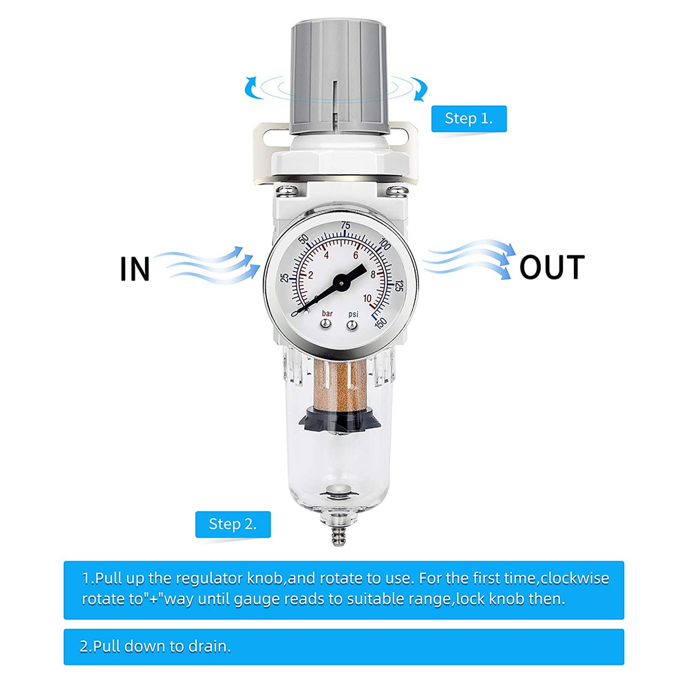 1/4" NPT Compressed Air Filter Regulator Combo Piggyback, 5 Micron Brass Element