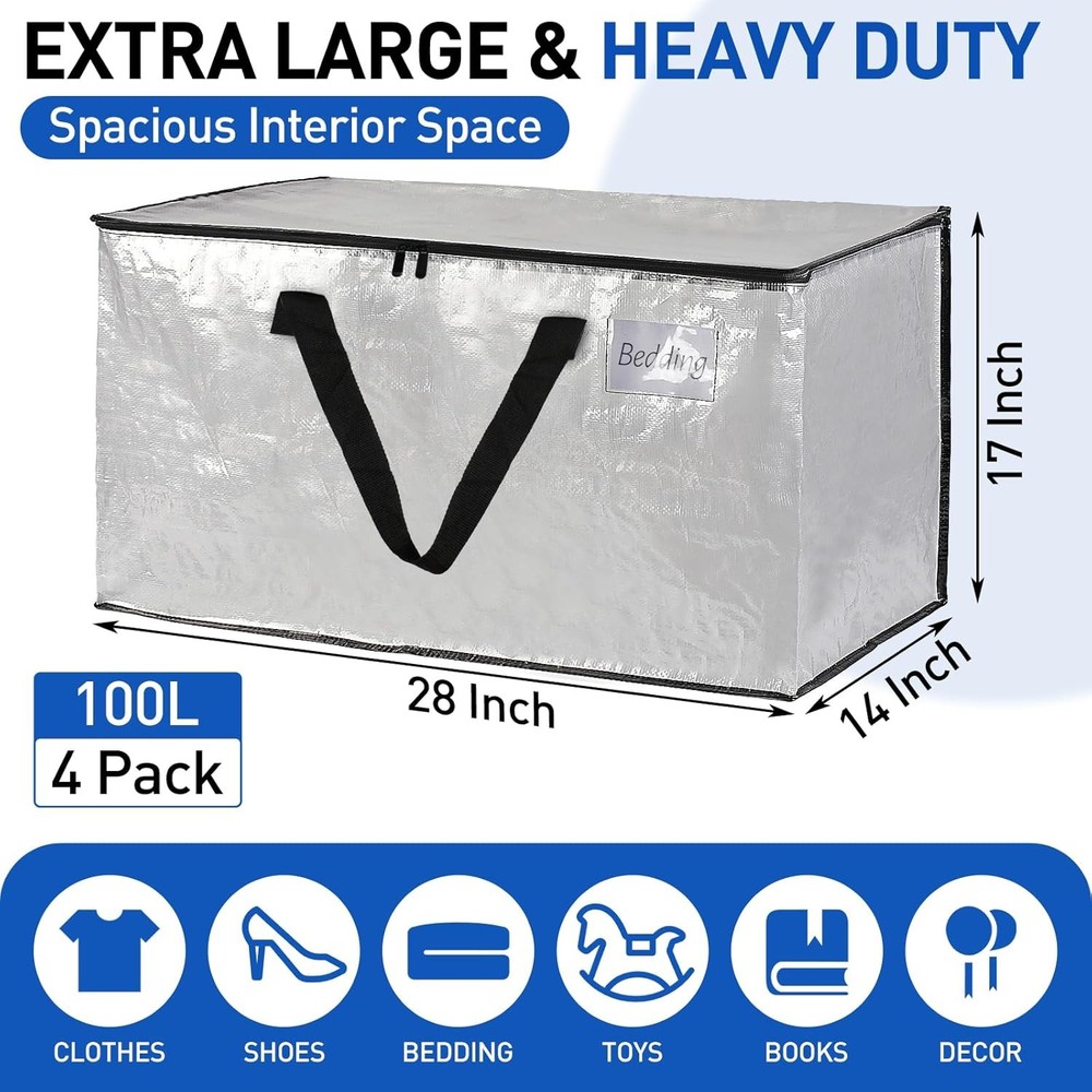 4Pack 100L Moving Bags with Handle & Zipper for Packing,Moving,Storage,Fold Flat