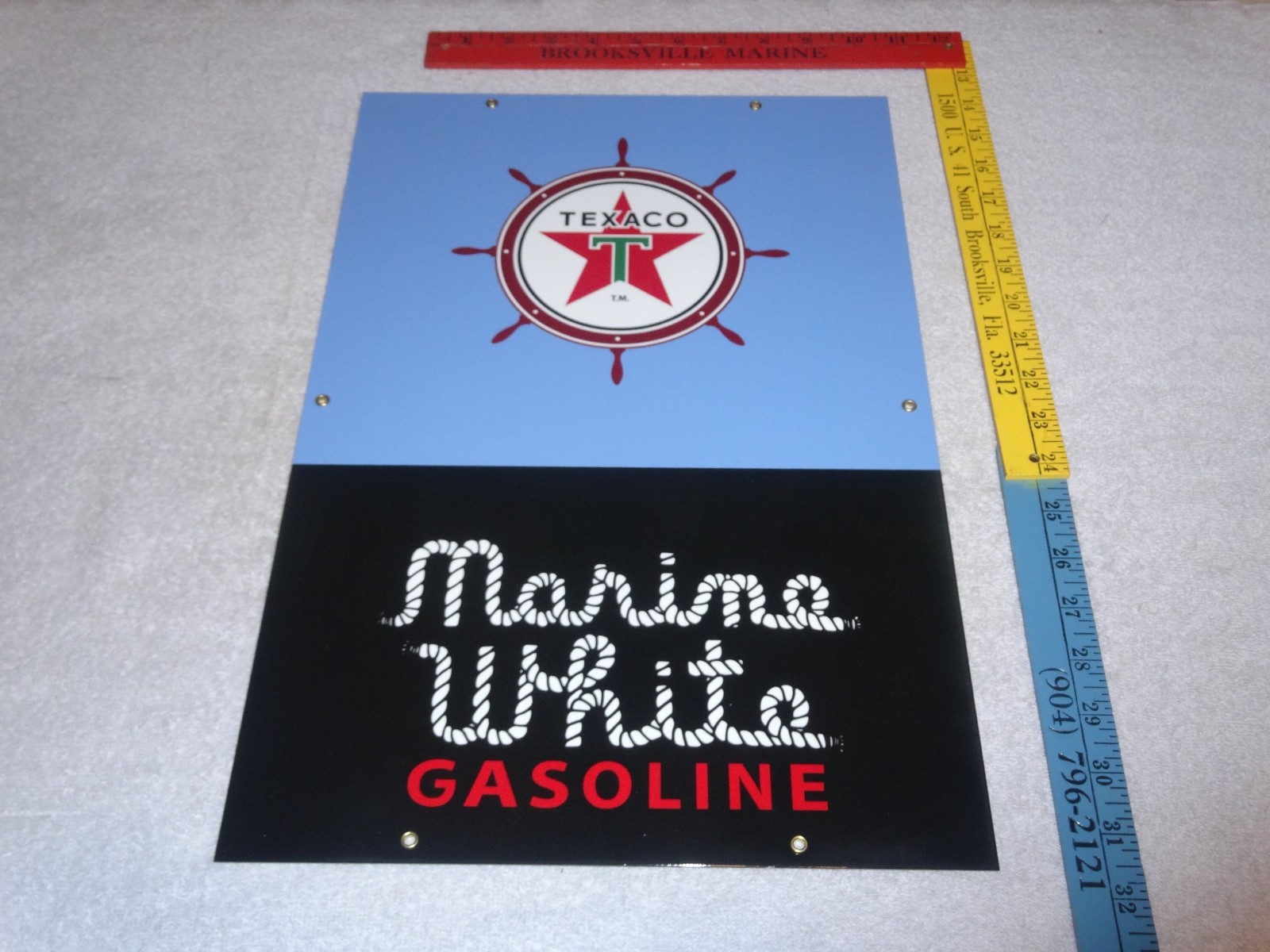VINTAGE TEXACO MARINE WHITE GASOLINE 18" PORCELAIN METAL GAS OIL PUMP PLATE SIGN
