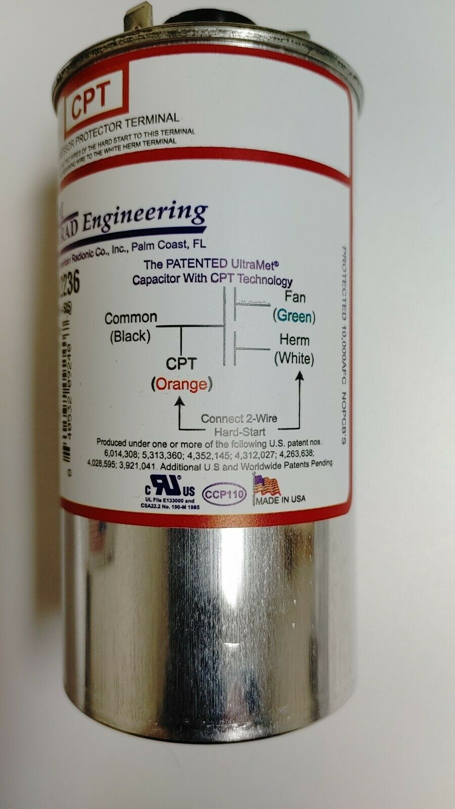 AmRad Round Run Capacitor 45/5 MFD 370/440 VAC USA2236