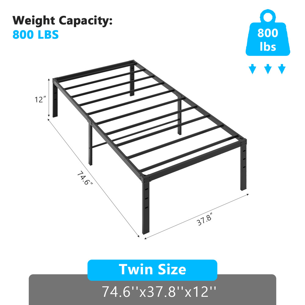 Black Twin Size Simple Basic Platform Metal Bed Frame 12 inch Bed Height