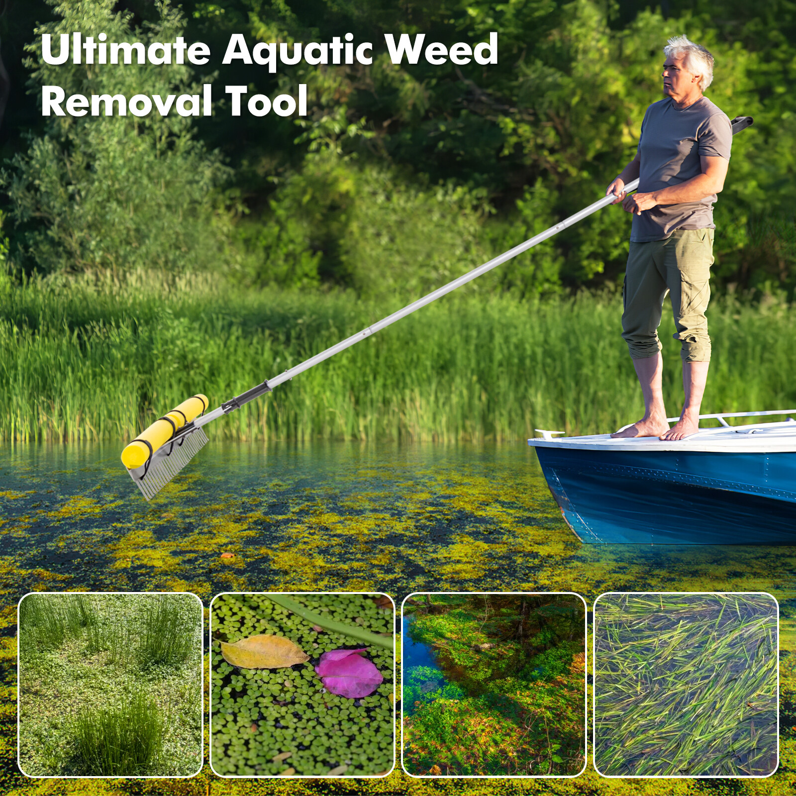 Floating Weed Lake Rake Pond Weed Cutter w/ Foam Floats, Rope & Extended Handle