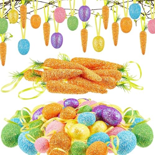 54 Pcs Easter Ornaments for Tree Decoration, Glitter Foam Easter Classic Color