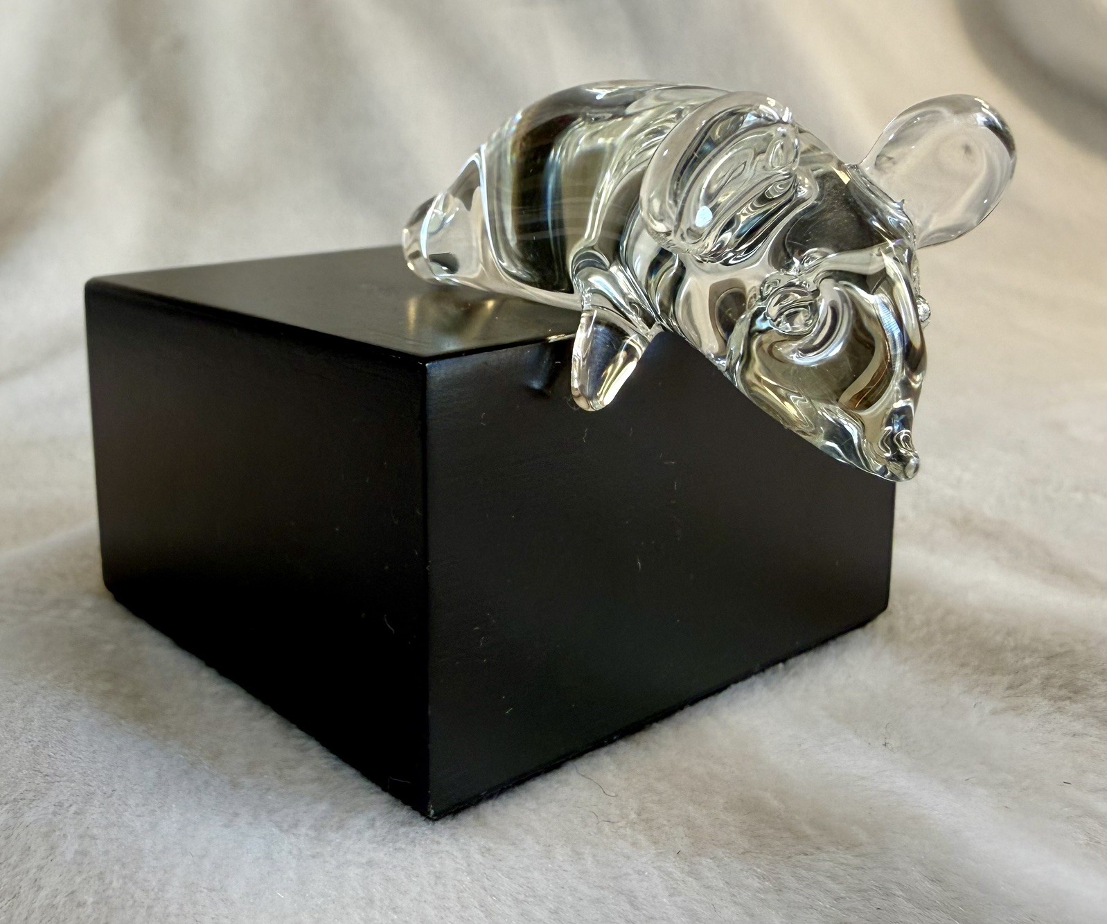 Frabel Glass Sculpture Mouse on Black Wood Base Signed 1989