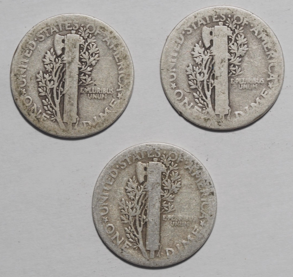 Three 1920 Mercury Dimes -- 90% Silver