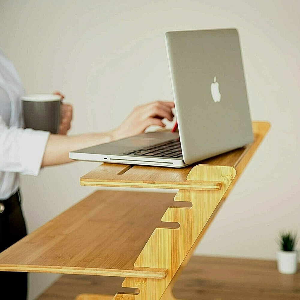 Standing Desk Converter Natural Bamboo Adjustable Sit Stand Riser Workstation