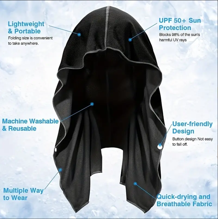 2 Cooling Hoodie Towel, Quick Dry Breathable Neck Wraps Microfiber Black