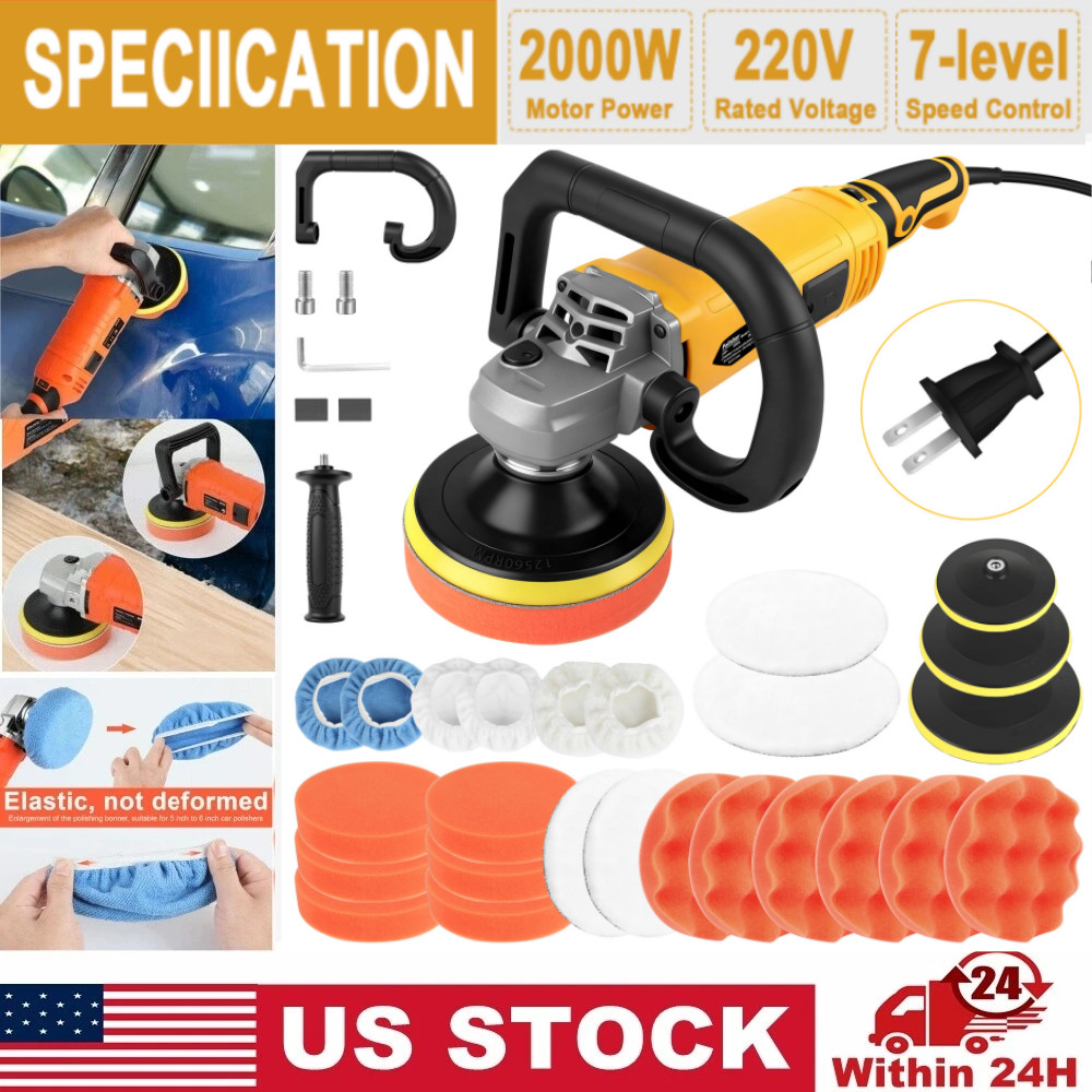 Car Polisher Buffer 2000W Auto Polishing Machine 7-Speed W/ Tool Buffing Pad Set