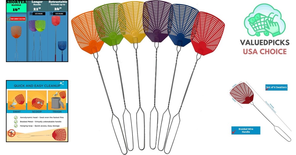 6-Piece Fly Swatter Set with Braided Handle for Effortless Bug Control