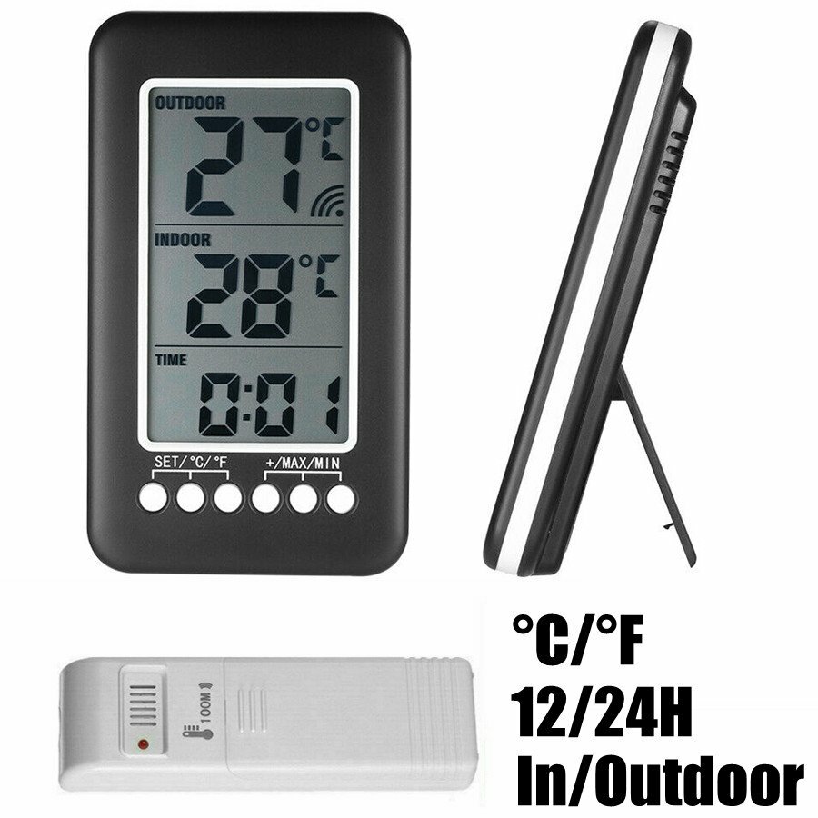 Indoor Outdoor Digital Thermometer Clock Temperature Meter Wireless Transmitter
