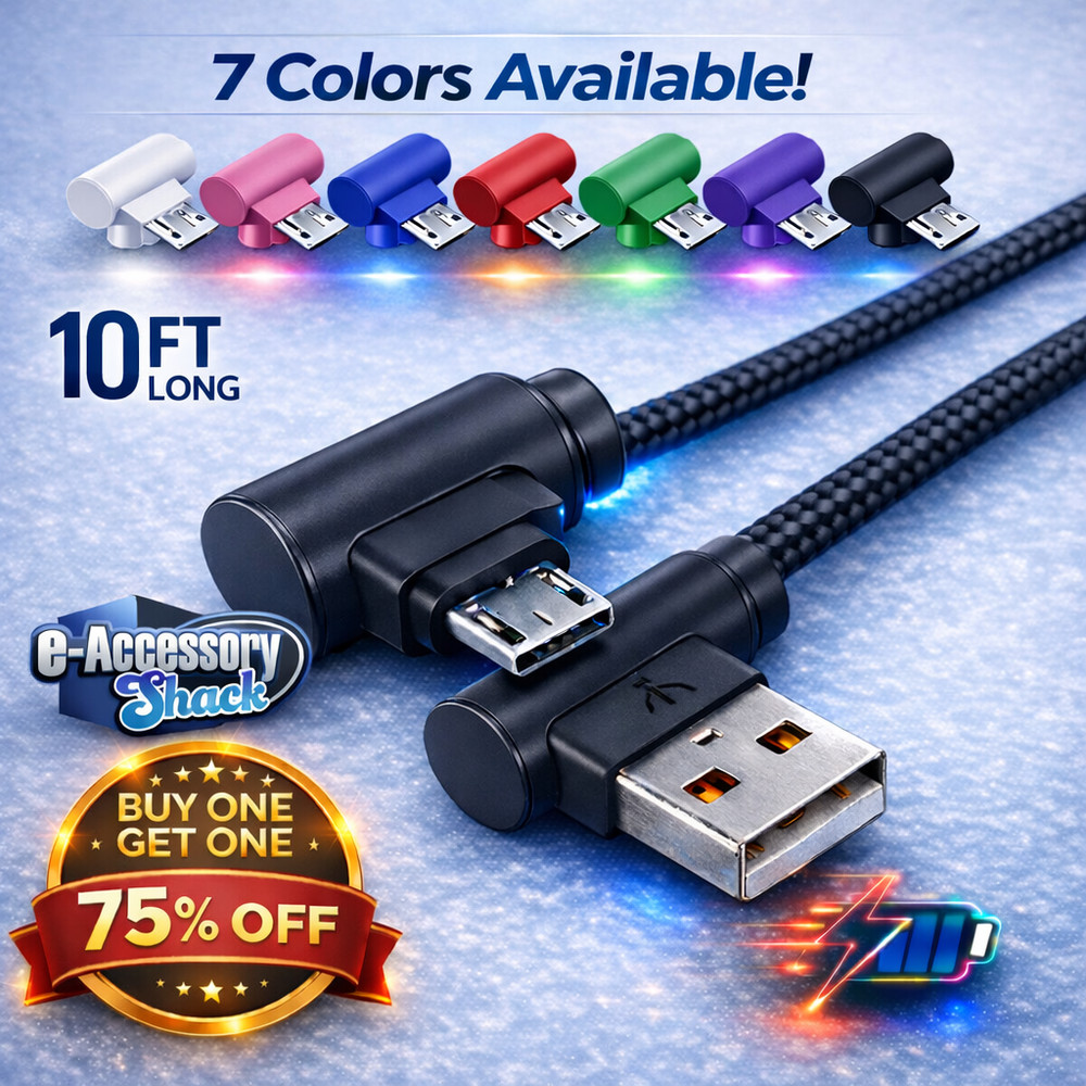 10ft 90 Right Degree Angle Fast Charge Micro USB Cable Power Cord Sync L