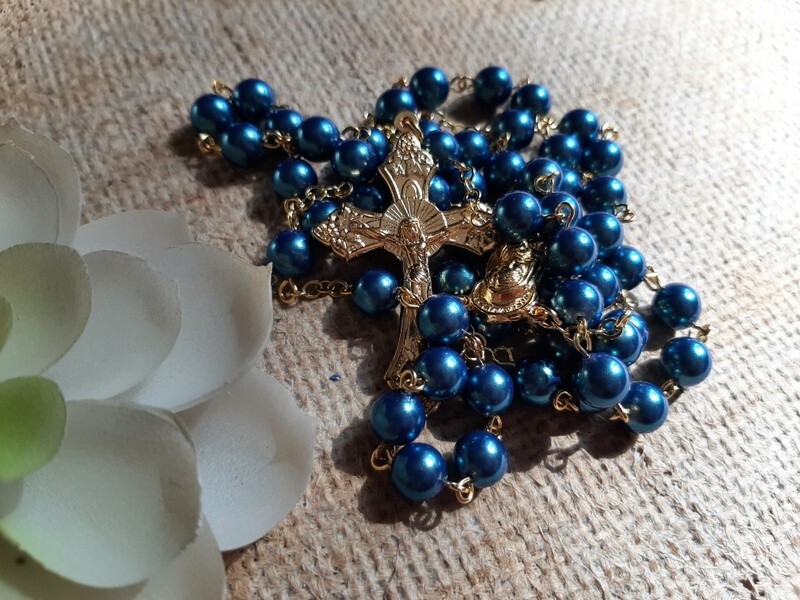 Paris Blue Glass Pearl and Crystal Rosary in Gold