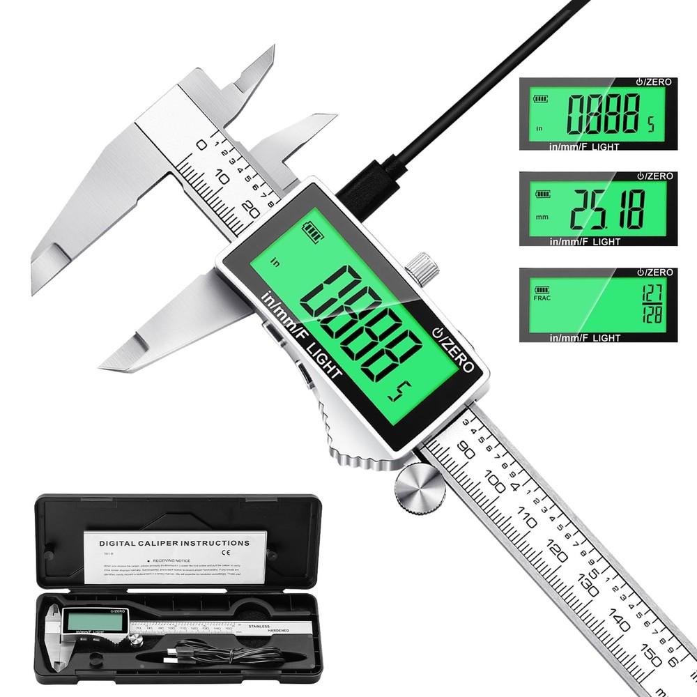 Rechargeable Digital Caliper 6 Inch, Large Backlit LCD Display, Stainless Ste...