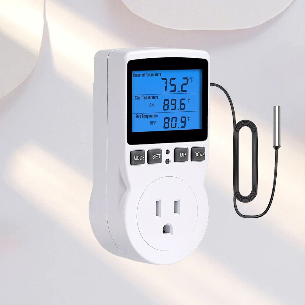 Digital Thermostat Outlet Plug Temperature Controller Heating Cooling w/ ProbeOq