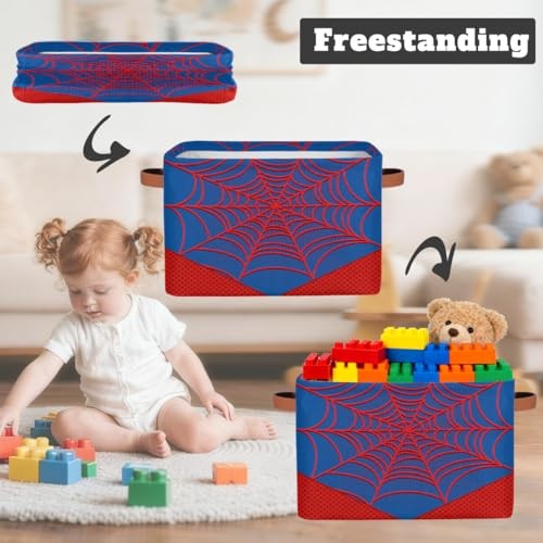 Nursery Decor Storage Bins - Blue Spider Web Large Collapsible Rectangle Shelf