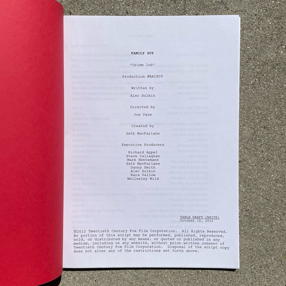 Family Guy Mike Henry Cleveland Brown 2012 Production Used Table Draft Script
