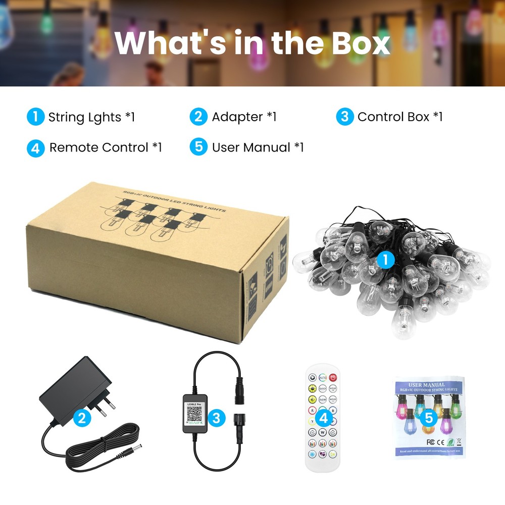 LED String Shatterproof Bulbs Lights RGB+IC Dimmable Bluetooth Garden Party IP67