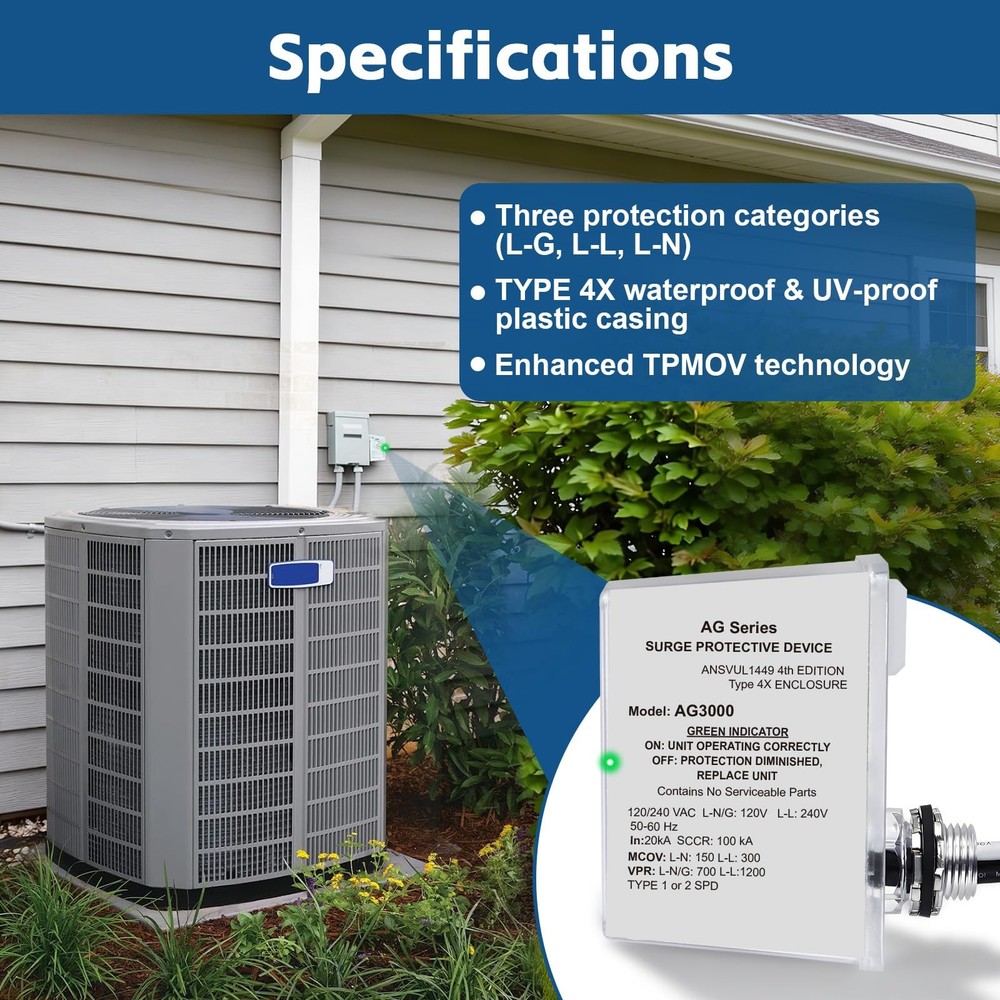 AG3000 HVAC Surge Protector 120/240V, 3-Mode Mini Split Surge Protective Devi...