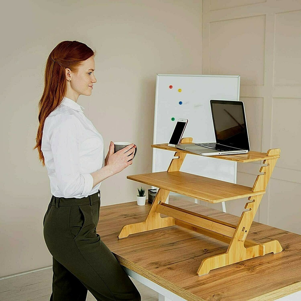 Standing Desk Converter Natural Bamboo Adjustable Sit Stand Riser Workstation
