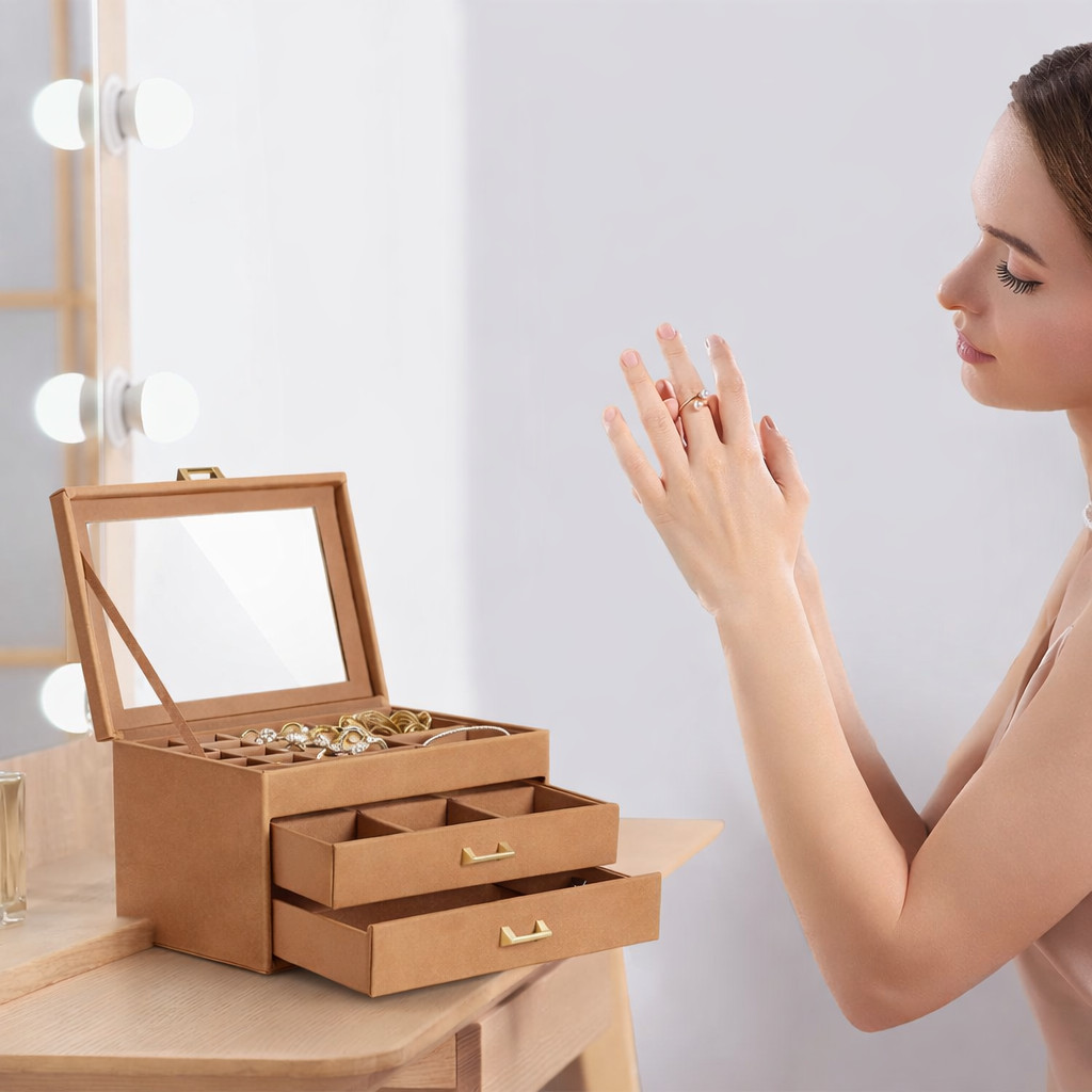 Leather Jewelry Box Organizer with Glass Lid, 3 Drawer Jewelry Storage Case