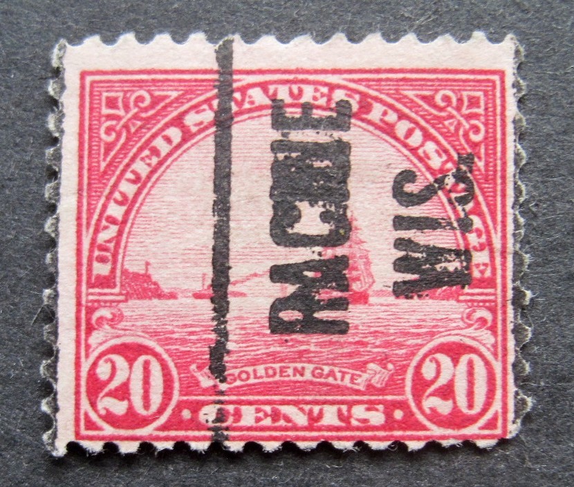 Sc # 567 ~ 20 cent Golden Gate Issue, Precancel, RACINE WIS. (b)