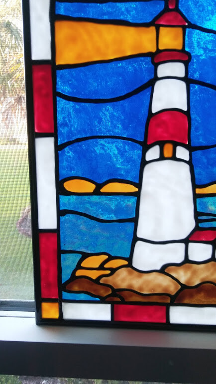Lighthouse Nighttime Stained Glass Window Panel Hand Painted