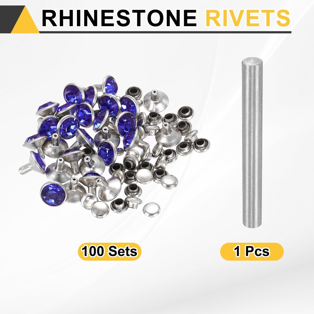 100pcs Crystal Rivets 9mm Rhinestone Stud with Installation Tool, Silver Blue